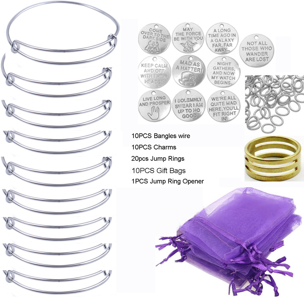 

10PCS/Set Silver Tone Expandable Wire Bangle Bracelets Charms Gift Bags, Golden;silver