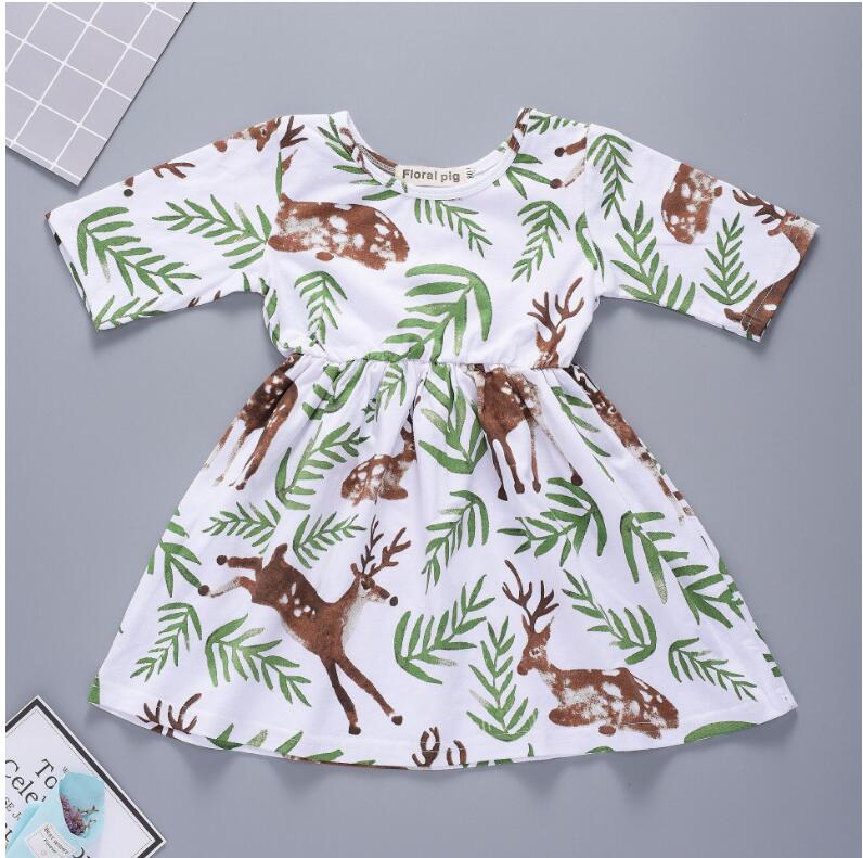 

Baby Girl Fragrant Grass Spotted Deer Print Dress Baby Summer Half Sleeve Skirts Kids Boat Neck Dresses Children Clothes ZHT 046, As picture