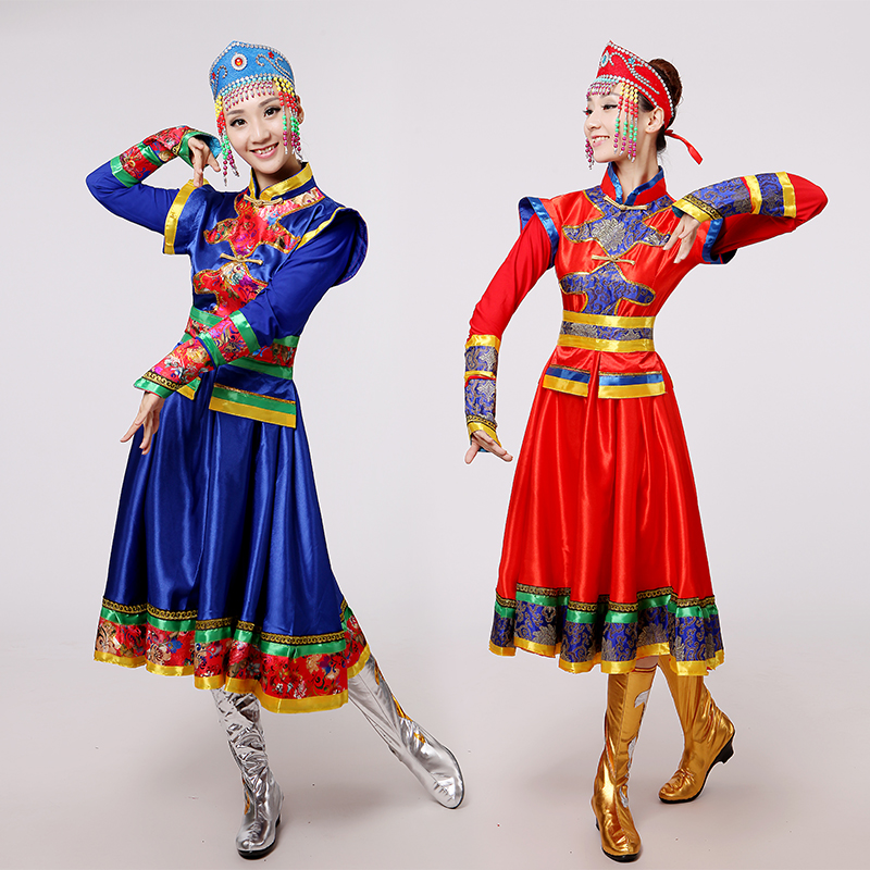 

New Red and blue Mongolian traditional dance clothes classical stage performance wear women's Chinese dance costumes for singers
