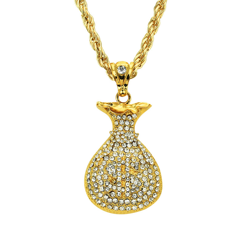 

Gold Plated Purse Pendant Necklace Rhinstone US Dollar Sign Cool Fashion USD Money Bag Shape Hip Hop Men Jewelry For Gifts