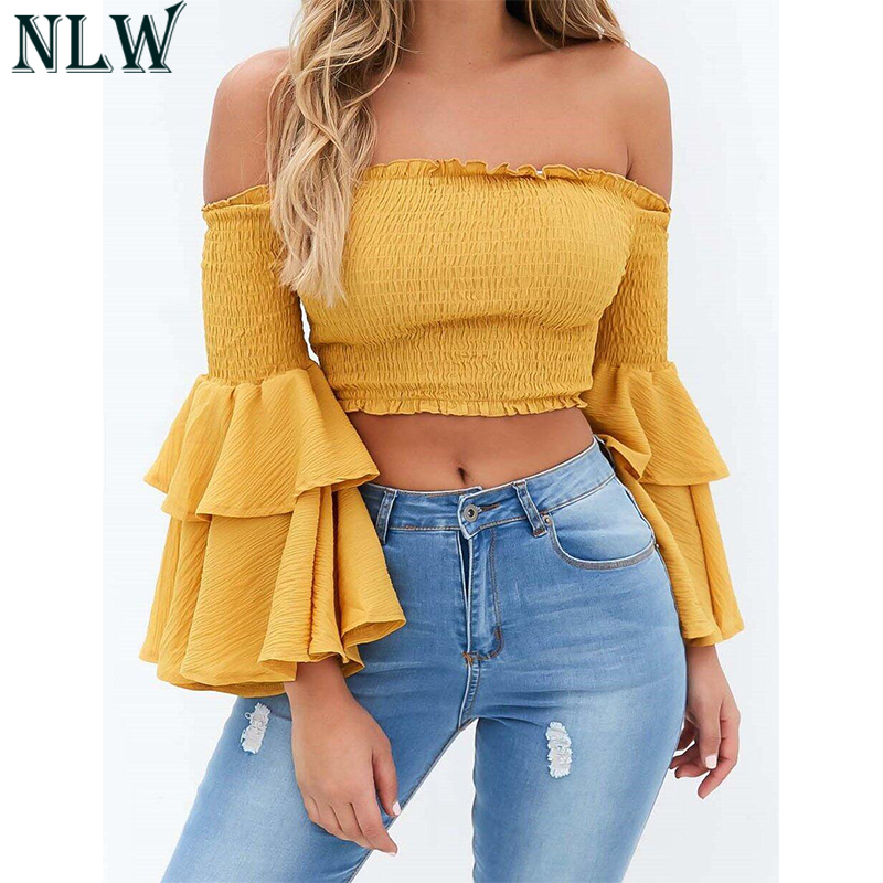 

NLW Cold Shoulder Flare Sleeve Summer Sexy Blouse Shirt 2018 Backless Slash Neck Beach Party Red Yellow White Black Crop Top, Gold