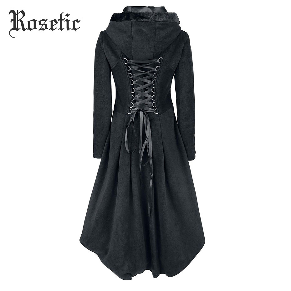 

Wholesale-Rosetic Gothic Asymmetric Coat Vintage Lace-Up Autumn Winter Women Black Trench Outerwear Casual Dark Streetwear Retro Goth Coat