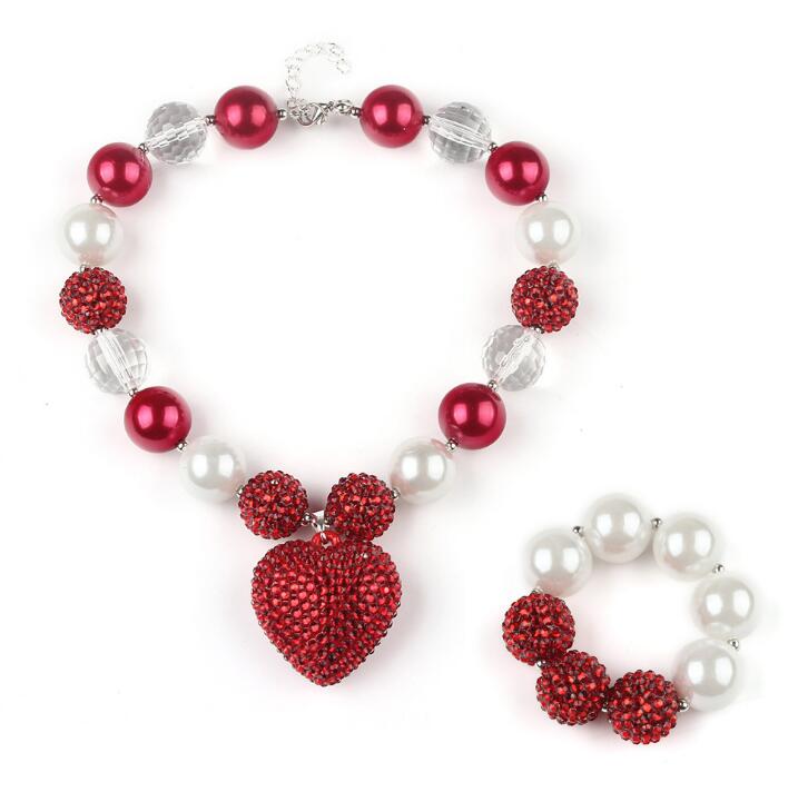 Ensemble de colliers et Bracelets de perles Bubblegum pour enfants, pendentifs à breloques en forme de cœur rouge avec strass, ensemble de bijoux