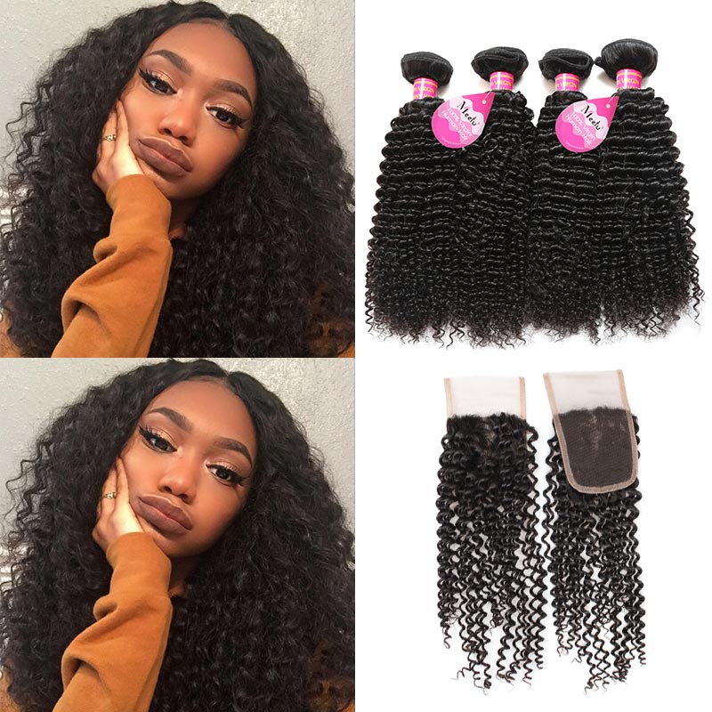 

Meetu Wholesale Price 8A Mink Brazilian Curly Wave 4 Bundles With 4x4 Lace Closure Good Virgin Human Hair Weave Extentions And Closure, Natural color
