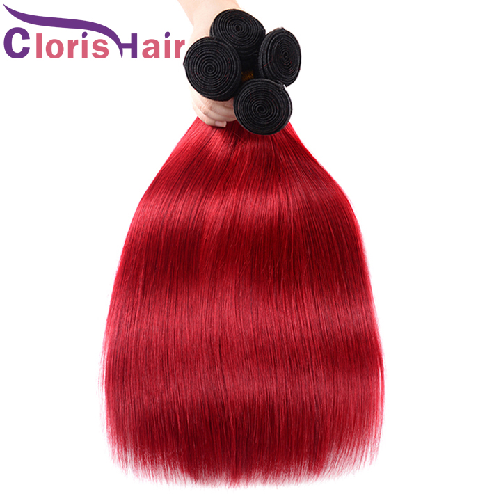 

High Quality Colored 1B Red Human Hair Extensions Silky Straight Malaysian Virgin Ombre Weaves Cheap Two Tone Red Ombre Bundles Deals 3pcs, Black