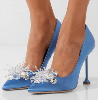 

Pink Blue Silk Stiletto Heels Women Shoes Bling Crystal High Heels Bridal Wedding Shoes Sexy Pointed Toe Women Pumps, Black