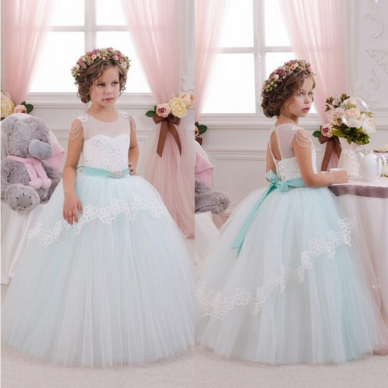 

Lovely 2019 Mint Tulle Ball Gown Flower Girl Dresses For Weddings Jewel Cut Out Back Bow Sash Floor Length Birthday Party Gown, Blue