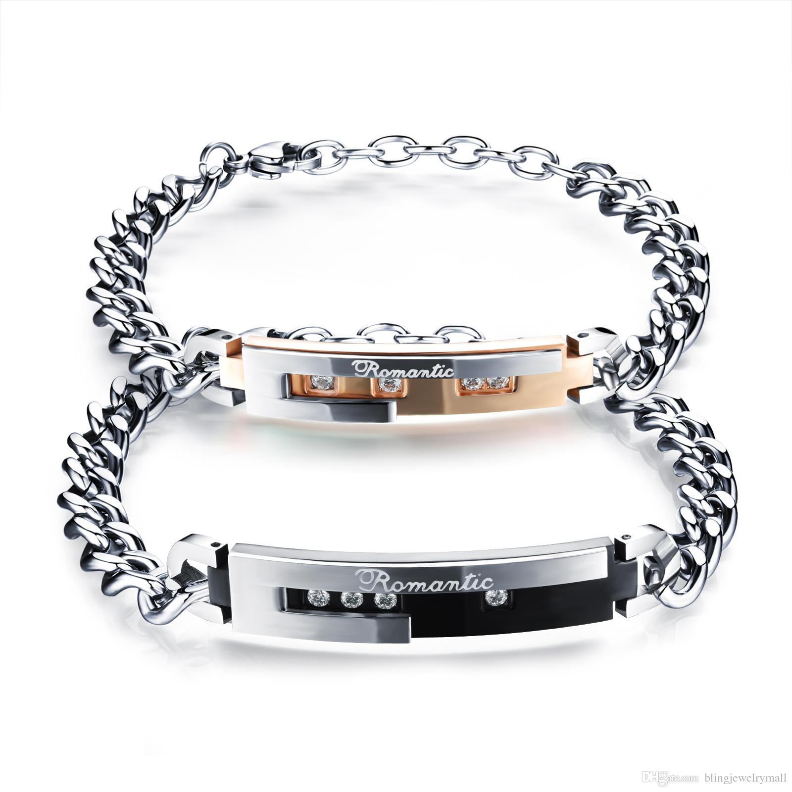

Lovers Romantic Puzzle Heart Link Chain Bracelets Fashion Stainless Steel + Cubic Zirconia Women Men Bangle Jewelry GS793