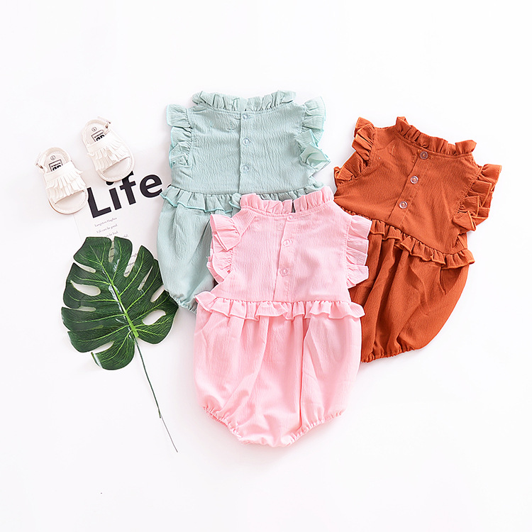 

Baby Solid Color Rompers Cotton Summer 2018 Kids Boutique Clothing Euro America INS Hot Sale Infant Toddlers Ruffle Sleeves Rompers Z11, Coffee