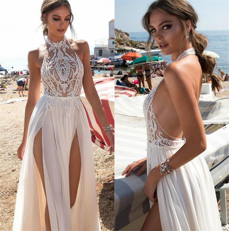 

berta beach wedding dresses a line halter pretty lace applique backless high split wedding dress robe de marie bridal gowns, Black