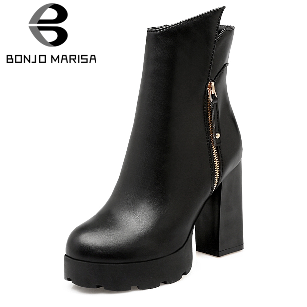 BONJOMARISA 2018 Autumn Winter Big Size 33-43 Fashion Women Black Platform Ankle Boots 10 Cm High Heels Zipper Fur Shoes Woman