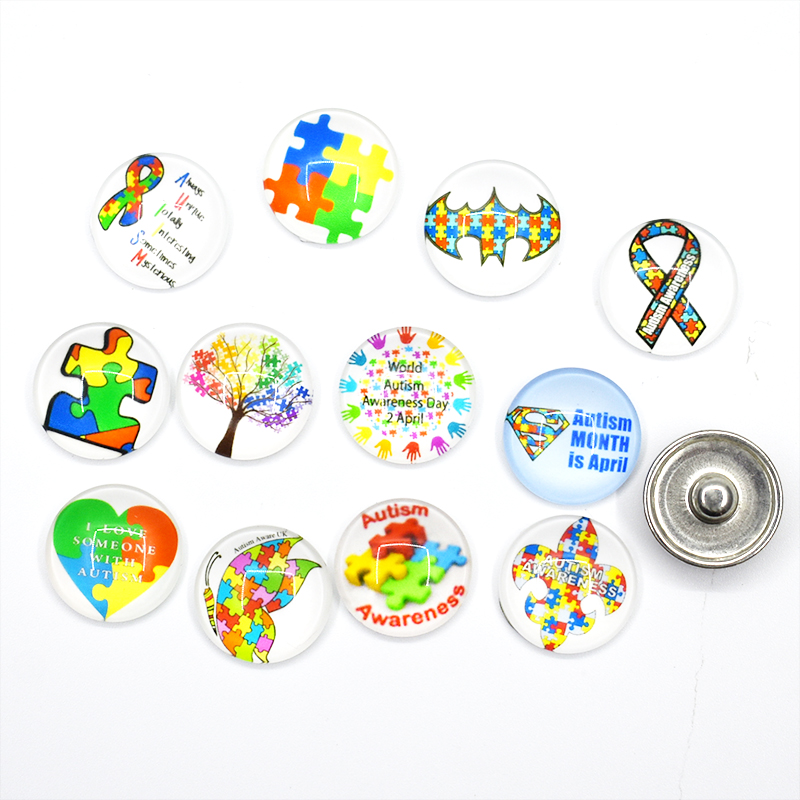 

50PCS Mixed Ginger Snap Button The Cure For Autism Is Unconditional Love DIY 18MM Glass Button Snap Bracelet Necklace Jewelry