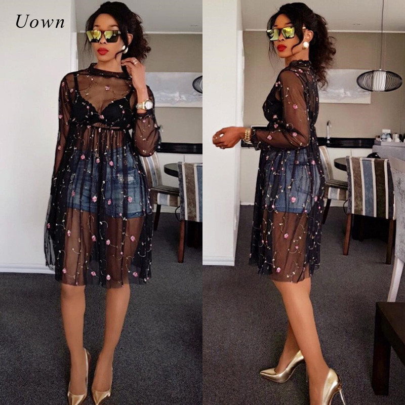 Robe noire en maille transparente pour femmes, broderie florale, manches longues, longueur aux genoux, ligne A, Sexy, transparente, Clubwear, aut
