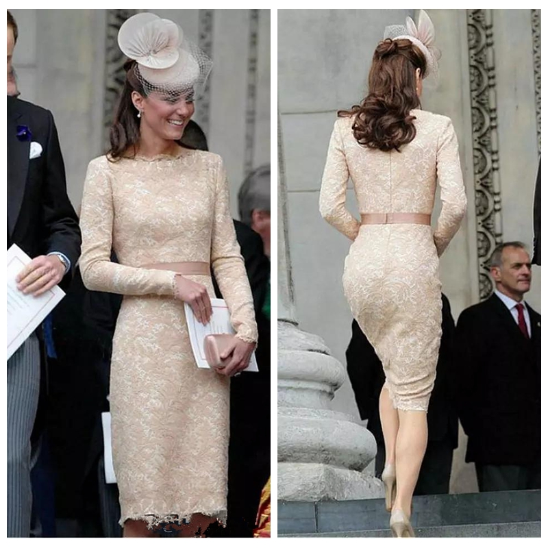 

O-Neck Elegant Kate Middleton Champagne Lace Evening Dresses Knee Length Lace Long Sleeve Celebrity Cocktail Formal Gowns Custom, Chocolate