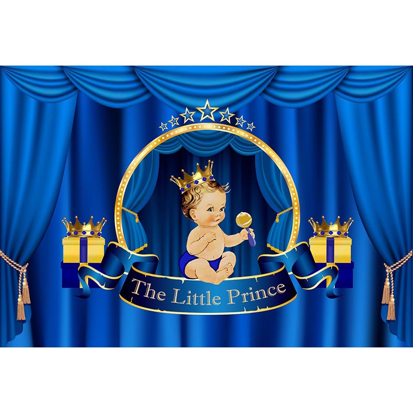 

Customized Royal Prince Baby Shower Backdrop Printed Blue Curtain Gold Crowns Boy Kids Birthday Party Photo Booth Background