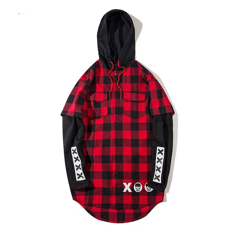 Printed Curved Hem Flannel Plaid Hoodies Men 2018 Winter New Patchwork Sleeve Men's Hoodie Red Grey