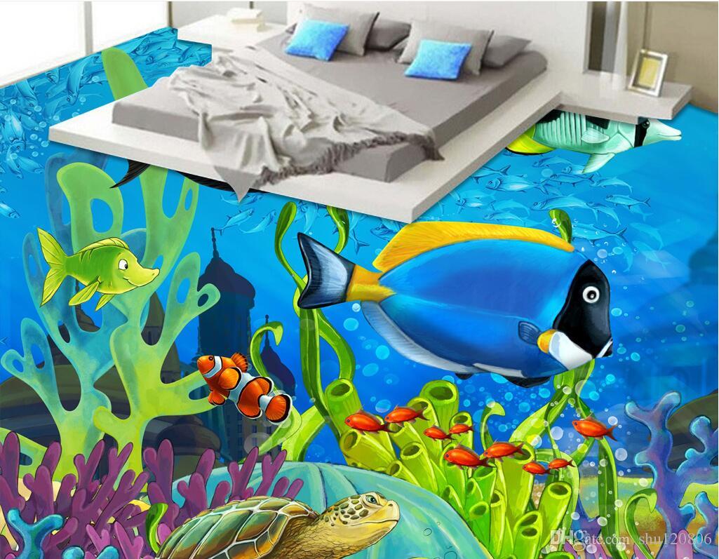 

3d pvc flooring custom photo Waterproof floor room Ocean World Tropical Fish Coral washable wallpaper 3d wall murals wallpaper for walls 3 d, Sky blue