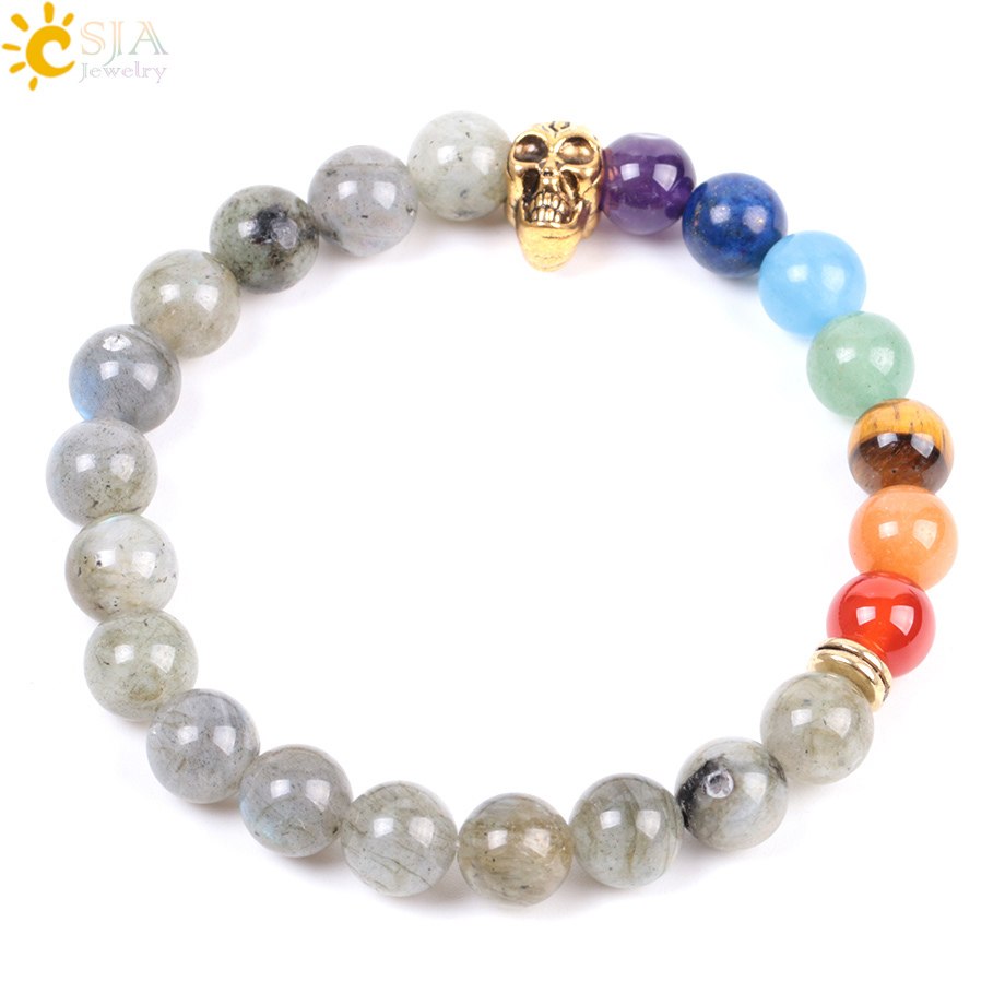 

CSJA Gold Skull Bracelet for Men 7 Chakras Beaded Jewelry Natural Spectrolite Labradorite 8mm Chakra Beads Wrap Bangle Boyfriend Gift E994, Black