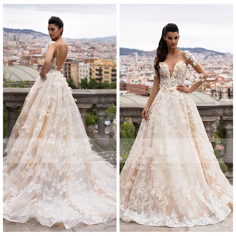 

2020 Sheer Long Sleeves A-Line Jewel Wedding Dresses Illusion V-Shape Back 3D-Floral Appliques Chapel Train Garden Bridal Gowns Custom, Ivory