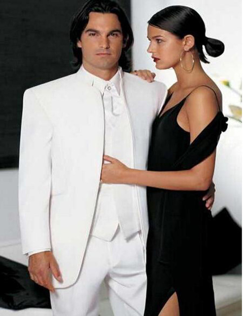 

High Quality White Groom Tuxedos Groomsmen Stand Collar Best Man Blazer Mens Wedding Suits (Jacket+Pants+Vest+Tie) H:728, Same as image