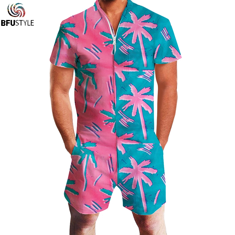 

Character Stylish Printed Mens Colorful Playsuit Romper Split Pattern Zipper Funny Rompers Jumpsuit Hip Hip 3D Playsuit