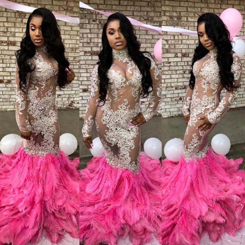 

Luxury Feather 2018 Prom Dress High Neck Beads Lace Appliques Long Sleeve Celebrity Evening Dress Attractive See Through Mermaid Prom Dress, Ivory
