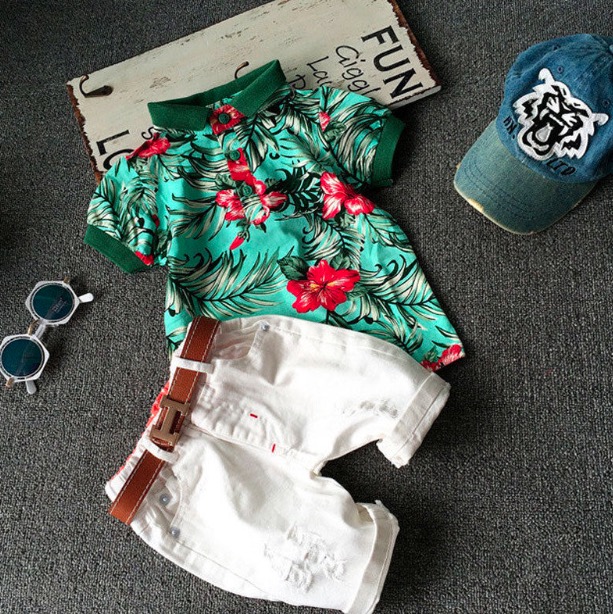 

2pcs Toddler Kids Baby Boy Fashion Sets Flower Polo Shirt + White Short Pants Outfits Cotton Summer Clothing Set, Grass green