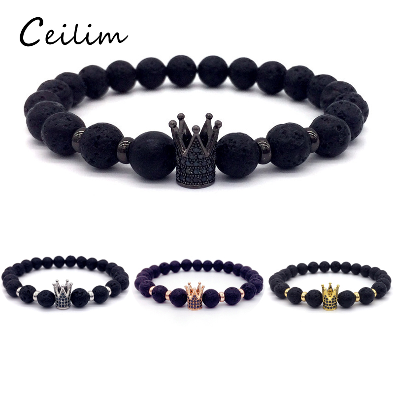 

2018 Hot Trendy Ball Black Lava Stone Bead Bracelets Pave CZ King Crown And Helmet Charm Bracelet For Men Women Luxury Jewelry Gift