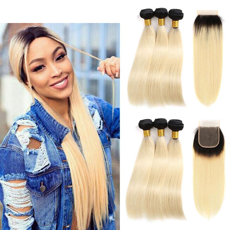 

Brazilian Virgin Hair Bundles With Closure Straight Ombre Color 1B/613 Human Hair Weave 3 Bundles With 4*4 Free Part Lace Closure Extension, 1b/613 blonde