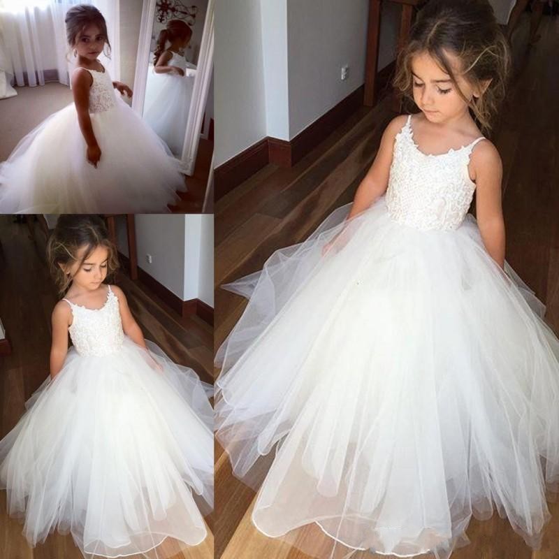 Robes de fille de fleur vintage mignonnes en dentelle robe de demoiselle d'honneur en tulle bretelles spaghetti sans manches robe de concours bou