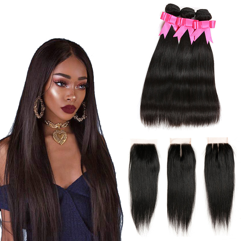 

Brazilian Long Straight Virgin Hair 3 Bundles with Lace Closure Brazilian Human Hair Weaves with Closure Natural Color Wholesale Cheap Deals