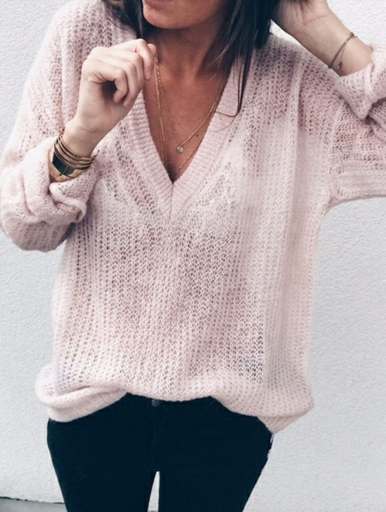 

Solid Korean Sweater Sexy Knitted Pullover Long Sleeve Thin Winter Tops for Women, Gray