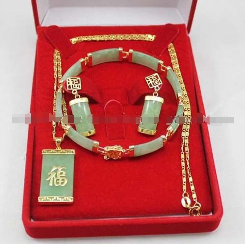 

Natural Green Jade Inlay Link Bracelet earrings Necklace Pendant Set, Mixed colors