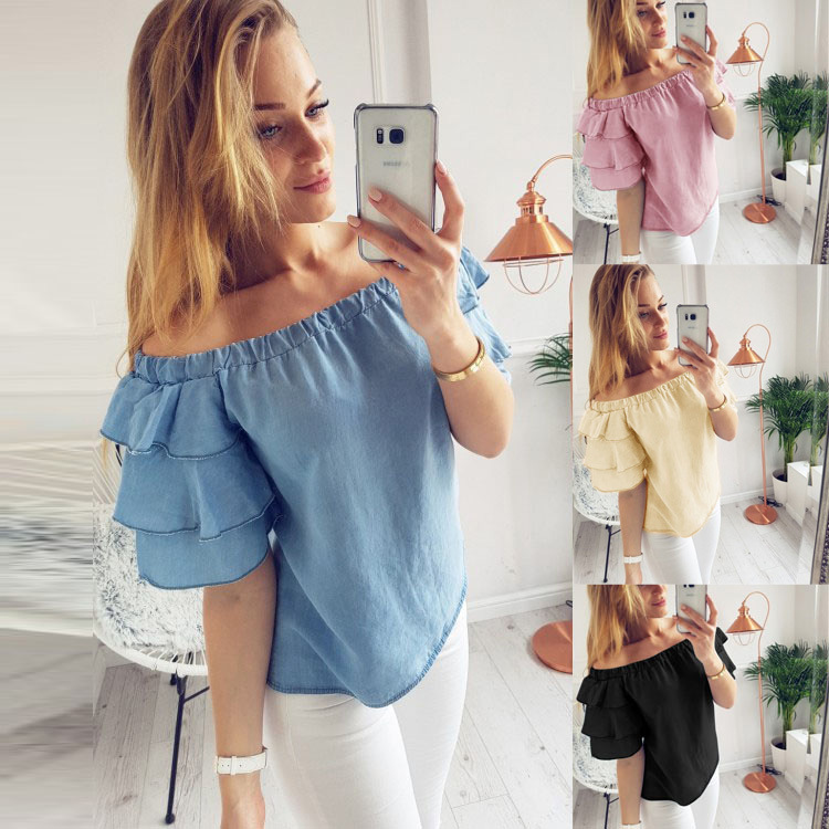 

Sexy Womens Off Shoulder Blouse Shirt Summer Tops Casual Stretch Flare Sleeve Shirts Plus Size Female Blouses, Black