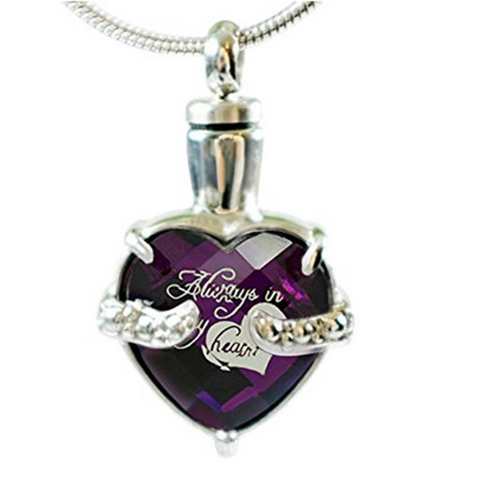 Collier d'urne de crémation pour cendres toujours dans mon cœur de bijoux de deuil gravé avec kit de remplissage et sac de velours