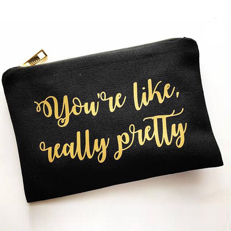 

Wedding cosmetic bag natural cotton canvas cosmetic storage bag blank makeup traveling pouch gift bag for brides with gold zipper, Black