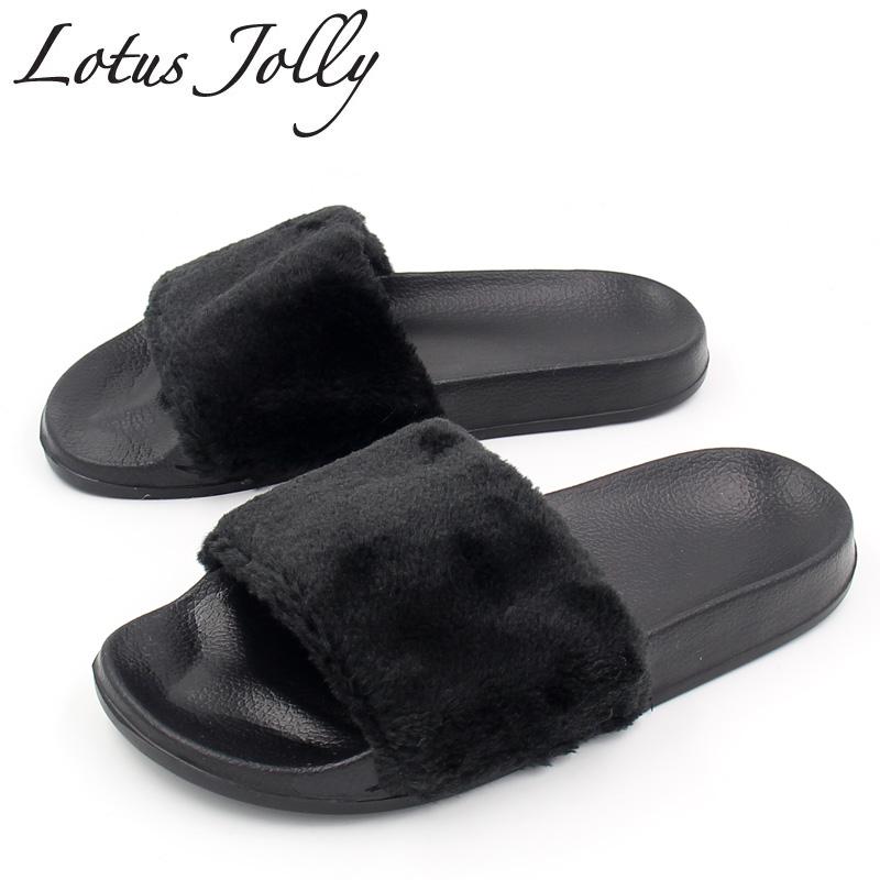 

2018 Slides Women Summer Beach Shoes Woman Fur Slippers Flat Heels Flip Flops Ladies Rihanna Bohemia Sandals Sandalias