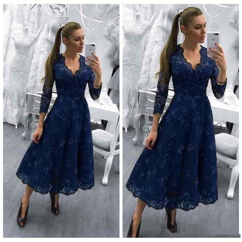 

Navy Blue Lace Mother Of the Bride Dresses A-Line V-Neck 3/4 Long Sleeve Ankle Length Prom Party Dress Formal Evening Wear M96