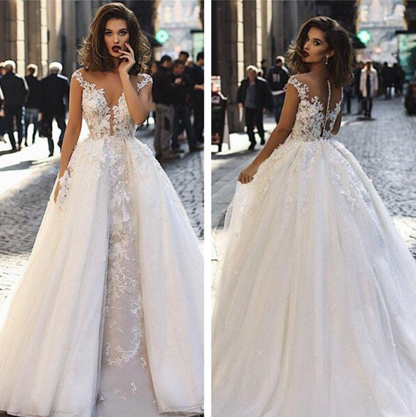 

Modest Overskirts 2018 Wedding Dresses With Detachable Train Cap Sleeves Lace Appliqued Bohemian Beach Bridal Gowns Country vestido de novia, Gold