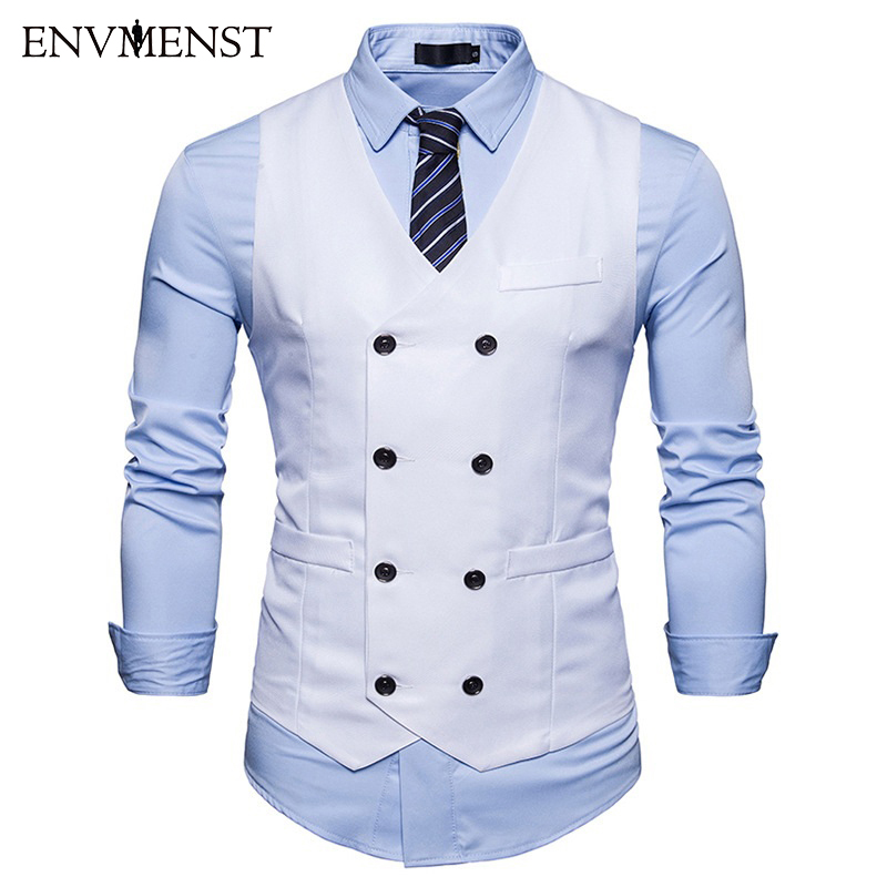 2018 Causal Dress Vests For Men Slim Fit Suit Vest Male Double Breasted Waistcoat Gilet Homme Sleeveless Formal Business Jacket