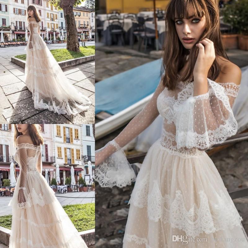

Champagne Wedding Dresses With Sleeves Off Shoulder Boat Neck Lace Princess Church Country Bridal Dress See Though Waist Sexy Wedding Gowns, White