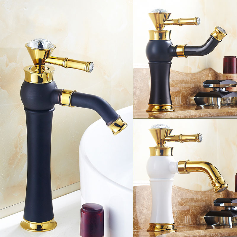 

3 colors Basin Faucets Modern Gold Color Deck Mounted Bathroom Mixer Faucets Black Finish With Diamond High Bathroom Sink Faucet