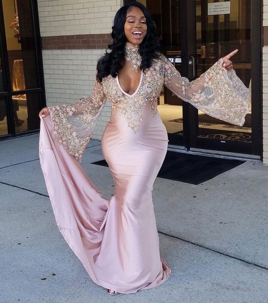 

Illusion Long Sleeve Amazing Mermaid Pink Prom Dresses 2018 African Beaded Lace Prom Dress for Black Girl Evening Dresses with Choker BA7635, Light yellow