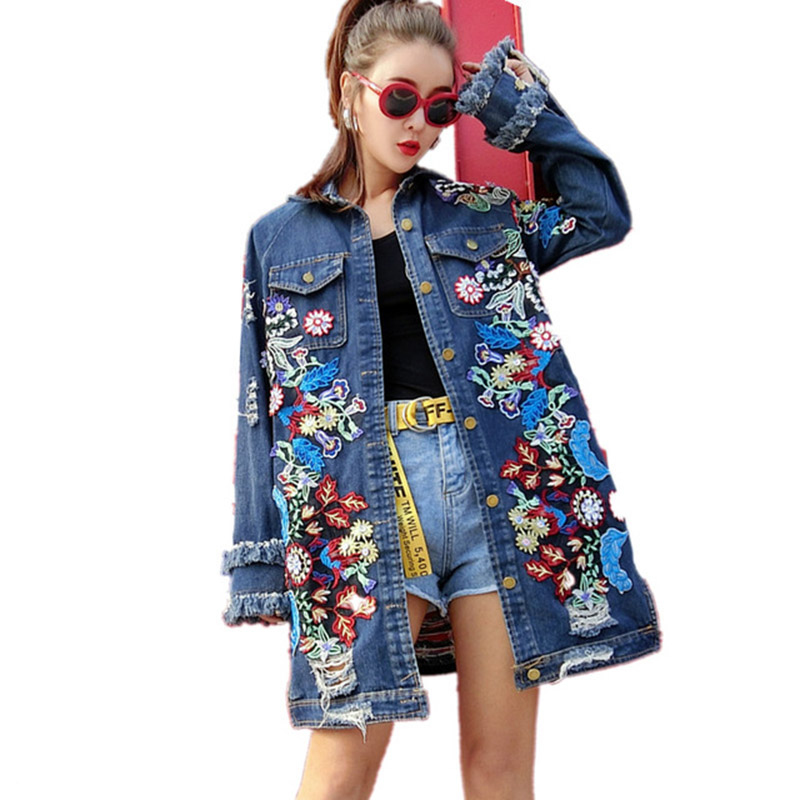

Spring Autumn Long Sleeve Embroidery Floral Denim Trench Coat Women Tassels Ripped Holes Jeans Coat Hip hop Streetwear Outwear, Blue