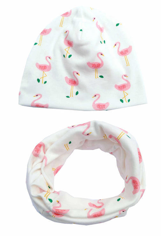 

8 Styles INS Baby Printing hat+O Ring Neckerchief 2pcs Set 2018 Fashion Baby Cotton Striped Fox Flamingo Cartoon Printing Cap and Scarf Sets, L lot=1 set=hat+scarf