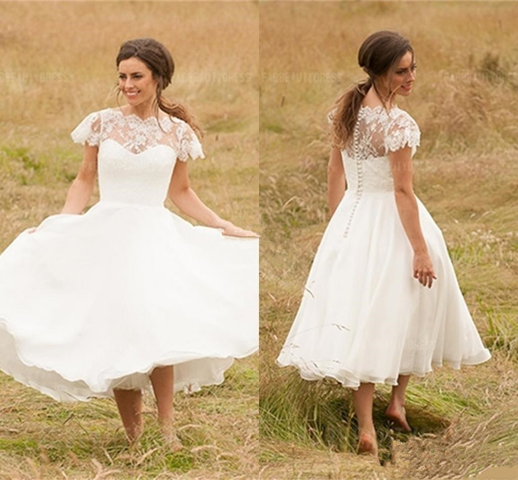 

2019 Vintage Wedding Dresses Lace Jewel Capped Sleeves Buttons Back Bridal Gowns Tea Length A Line Dress, Orange