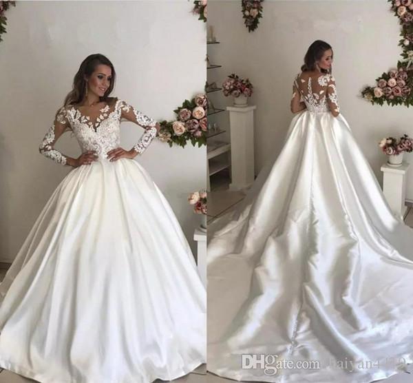 

Long Sleeves Lace Wedding Dresses A Line Jewel Neck Appliques Sheer Neck Wedding Dress Court Train Wedding Dress Bridal Gowns Robe de mariee, Silver