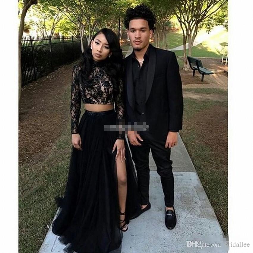 Two Piece Black Prom Dresses with Lace Long Sleeve A-Line Tulle Side Split Evening Evening Gowns Formal Dress Party Gowns Vestidos