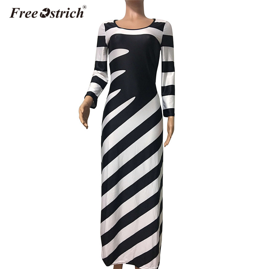 

Free Ostrich Dress Women Black White Striped Patchwork Dresses Fashion Long Sleeve Casual O-Neck vestido longo Dropshipping
