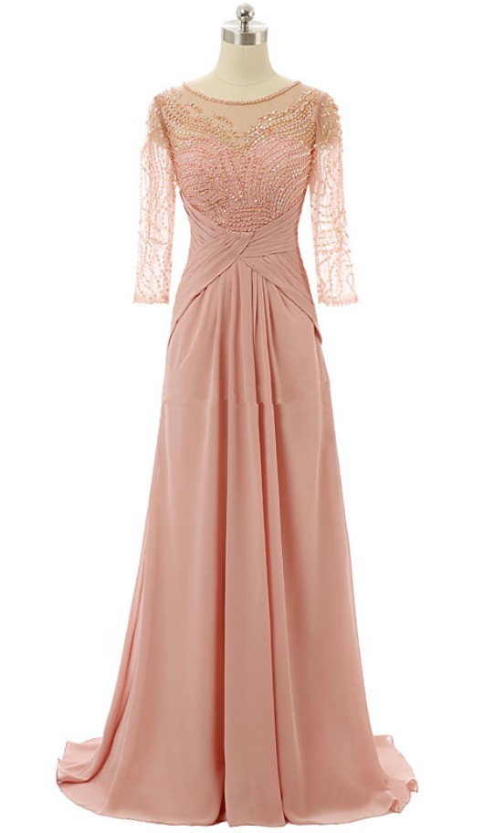 

Blush Pink Sheer Neck Mother of the Bride Groom Dresses With Illusion Half Sleeves Beaded Sequined Chiffon Hollow Back Evening Prom dresses